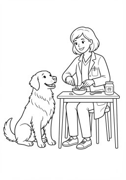 Voir le coloriage Vétérinaire préparant une délicieuse friandise vitaminée pour un grand chien