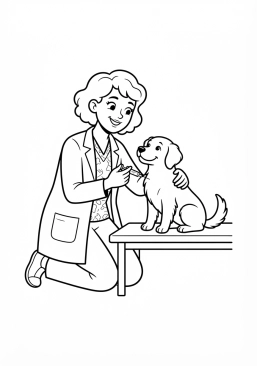 Voir le coloriage Vétérinaire à l'air enjoué vaccinant un chien amical dans un cabinet lumineux