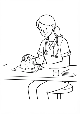 Voir le coloriage Vétérinaire au regard doux caressant un hamster blanc sur sa table de soin