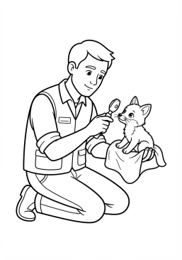 Voir le coloriage Vétérinaire spécialisé en faune sauvage examinant un petit renardeau