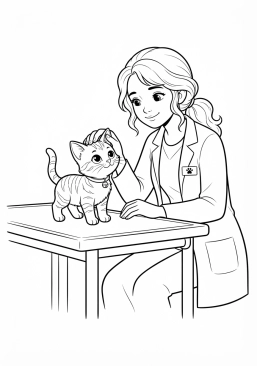 Voir le coloriage Jeune vétérinaire à l'expression douce caressant un chaton curieux sur sa table d'examen