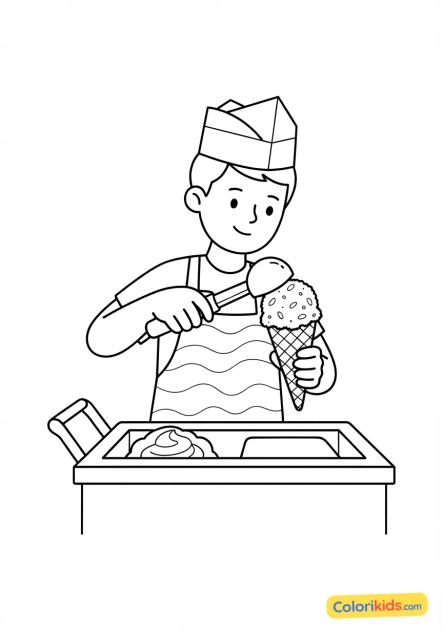 Coloriage à imprimer : artisan glacier servant une boule de glace artisanale à la pistache dans un cornet croquant