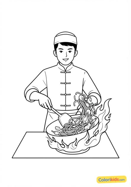 Coloriage à imprimer : chef cuisinier asiatique préparant des nouilles sautées au wok sous une flamme vive
