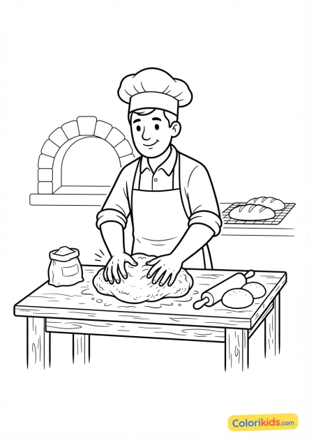 Coloriage à imprimer : boulanger pétrissant une pâte à pain artisanale dans une boulangerie française traditionnelle