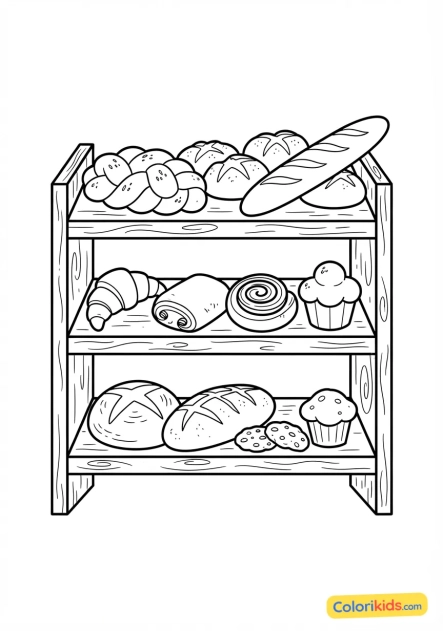 Ausmalbild zum Ausdrucken: bäckereiregal, gefüllt mit verschiedenen Arten von Broten und Gebäck
