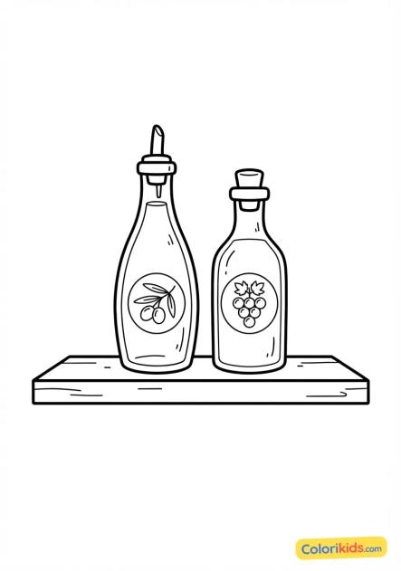 Printable coloring page: bottles of extra virgin olive oil and balsamic vinegar on a kitchen shelf