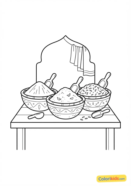 Coloriage à imprimer : bols d'épices colorées (curcuma, paprika, cumin) sur un marché en Inde