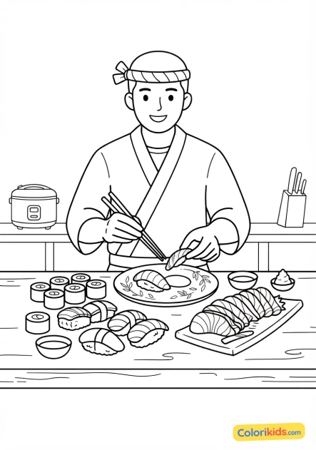 Coloriage à imprimer : chef préparant des sushis et sashimis artistiques avec du poisson cru frais