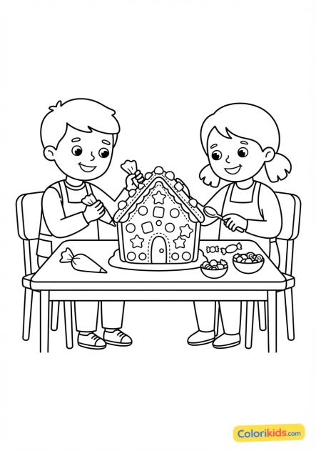 Ausmalbild zum Ausdrucken: kinder dekorieren ein Lebkuchenhaus mit bunten Bonbons und Zuckerguss