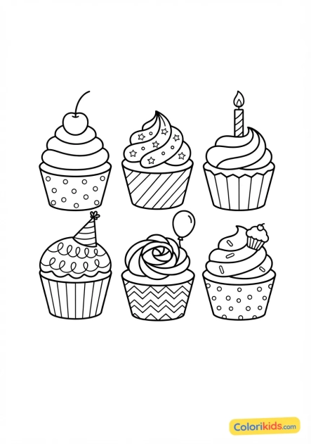 Coloriage à imprimer : collection de cupcakes décorés de manière festive pour un anniversaire d'enfant