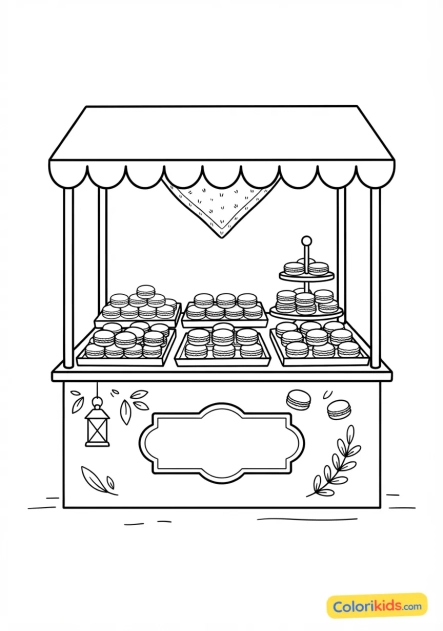 Coloriage à imprimer : Étal de marché coloré et parfumé présentant une variété de macarons français délicats