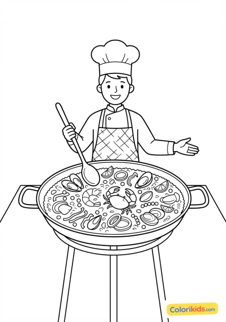 Coloriage à imprimer : cuisinier préparant une paella géante et colorée avec du riz et des fruits de mer