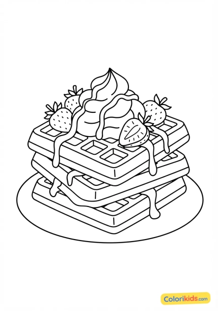 Coloriage à imprimer : gaufres belges croustillantes garnies de chantilly, de fraises et de chocolat