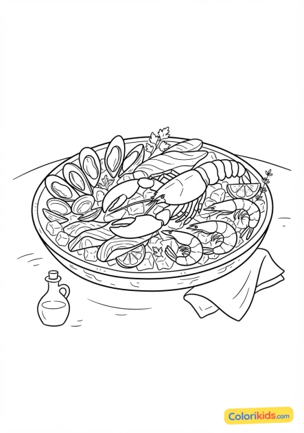 Coloriage à imprimer : plat de fruits de mer frais et colorés servi sur de la glace dans un restaurant méditerranéen