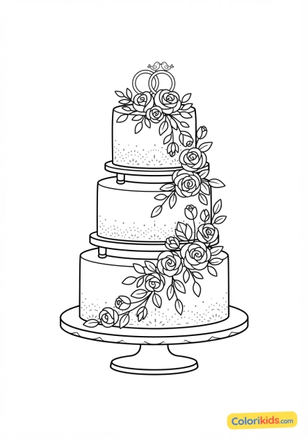 Coloriage à imprimer : gâteau de mariage blanc élégant décoré de fleurs fraîches en cascade