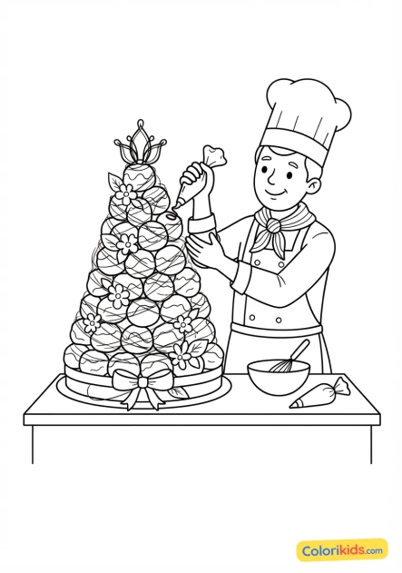 Coloriage à imprimer : pâtissier français ajoutant la touche finale à une pièce montée spectaculaire en choux
