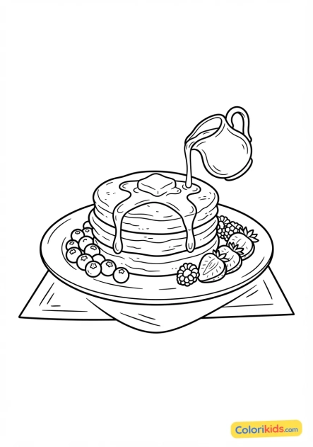 Coloriage à imprimer : petit-déjeuner copieux avec des crêpes moelleuses, du sirop d'érable et des fruits frais