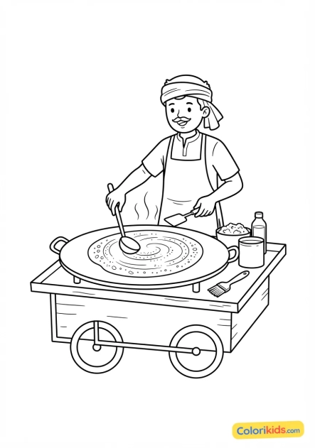 Coloriage à imprimer : cuisinier de rue indien préparant des crêpes salées dosa dorées sur une plaque chaude