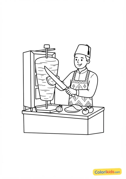 Coloriage à imprimer : vendeur de rue de Istanbul préparant des kebabs tournants grillés sur une broche