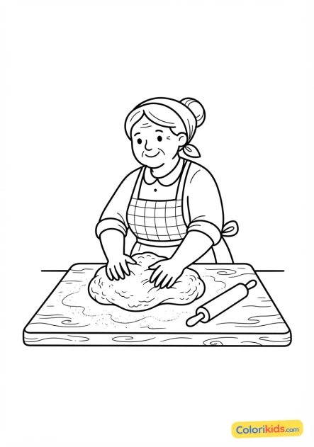 Coloriage à imprimer : grand-mère italienne pétrissant à la main une pâte à pâtes fraîche sur une planche en bois