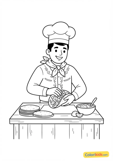 Coloriage à imprimer : chef mexicain préparant des tacos authentiques avec de la salsa et des tortillas fraîches
