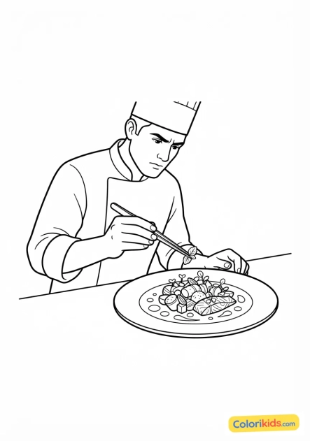 Coloriage à imprimer : chef étoilé dressant une assiette gastronomique avec une précision chirurgicale et des herbes