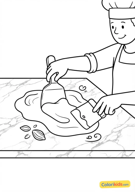 Coloriage à imprimer : gros plan alléchant d'un chocolatier tempérant du chocolat noir brillant sur une table en marbre