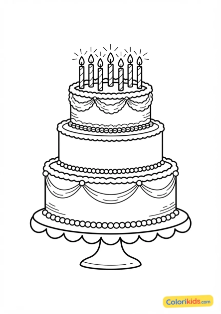 Printable coloring page: multi-tiered birthday cake covered in pink frosting and lit candles