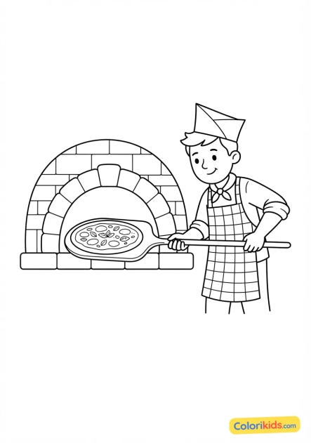 Coloriage à imprimer : pizzaiolo napolitain enfournant une pizza fraîche dans un four à bois traditionnel