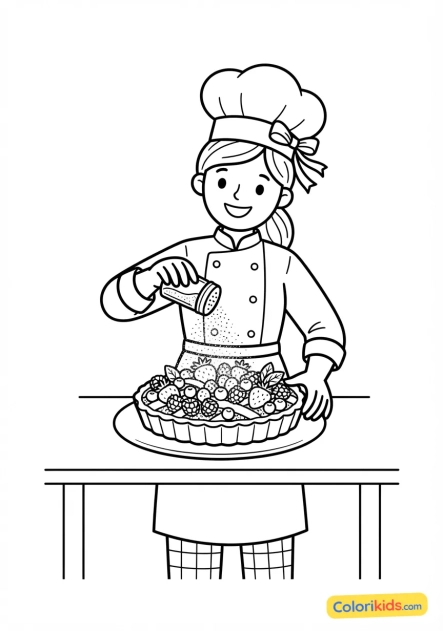 Coloriage à imprimer : pâtissier saupoudrant du sucre glace sur une tarte aux fruits rouges délicate