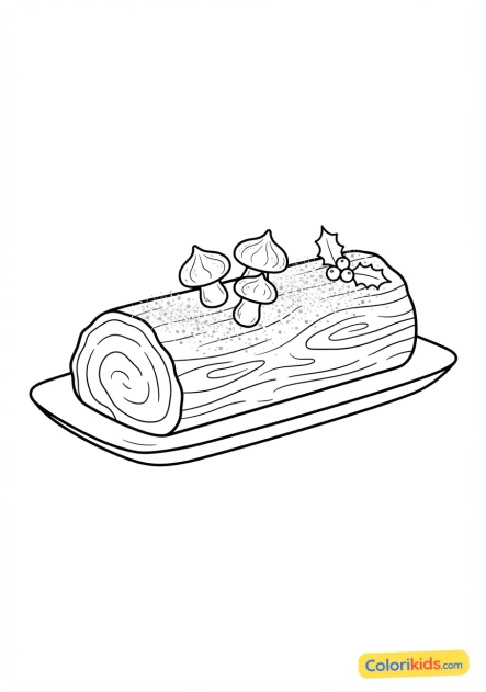 Coloriage à imprimer : bûche de Noël traditionnelle décorée de sucre glace et de champignons en meringue