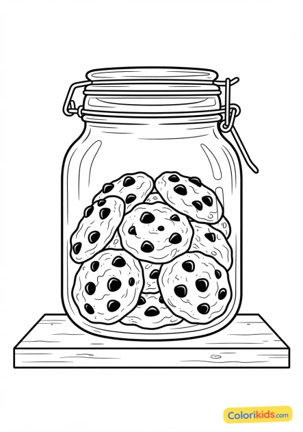 Coloriage à imprimer : bocal en verre transparent rempli de cookies aux pépites de chocolat faits maison