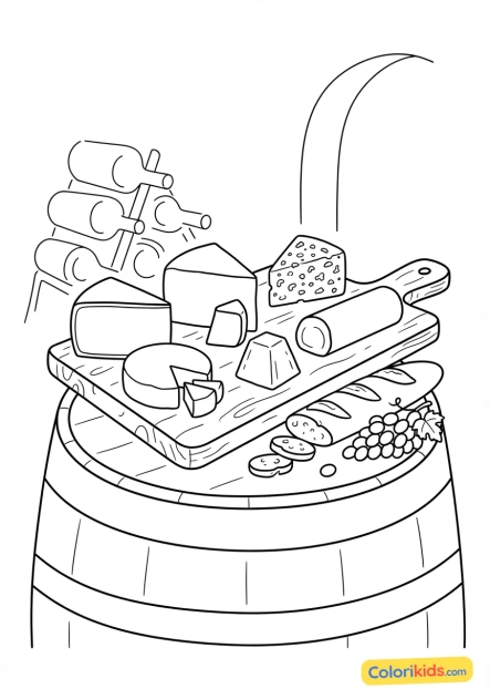 Coloriage à imprimer : plateau de fromages français variés avec du pain et du raisin dans une cave à vin