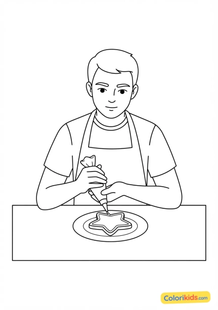 Coloriage à imprimer : jeune homme décorant les contours d'un biscuit sablé avec du glaçage royal