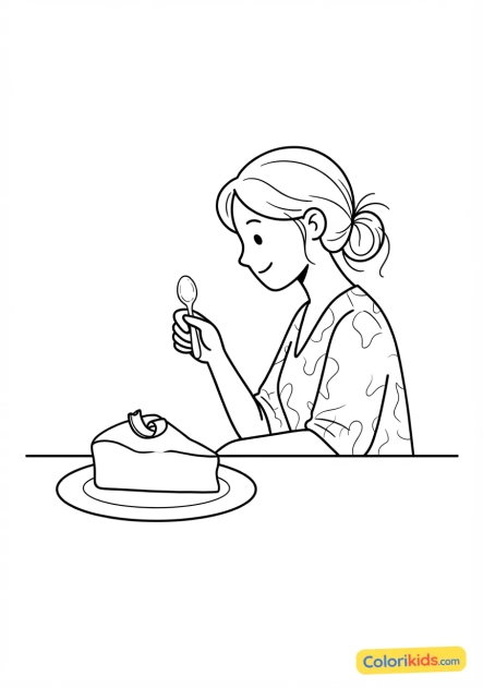 Coloriage à imprimer : jeune femme découvrant un gâteau au chocolat riche et fondant à la cuillère