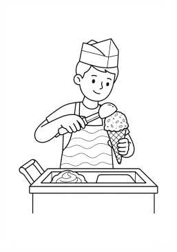 Voir le coloriage Artisan glacier servant une boule de glace artisanale à la pistache dans un cornet croquant