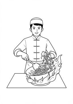 Voir le coloriage Chef cuisinier asiatique préparant des nouilles sautées au wok sous une flamme vive