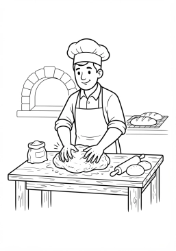 Voir le coloriage Boulanger pétrissant une pâte à pain artisanale dans une boulangerie française traditionnelle