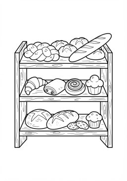Voir le coloriage Étagère de présentation de boulangerie remplie de différents types de pains et viennoiseries