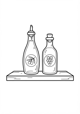 Voir le coloriage Bouteilles d'huile d'olive extra vierge et vinaigre balsamique sur une étagère de cuisine