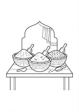 Voir le coloriage Bols d'épices colorées (curcuma, paprika, cumin) sur un marché en Inde