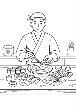 Voir le coloriage Chef préparant des sushis et sashimis artistiques avec du poisson cru frais