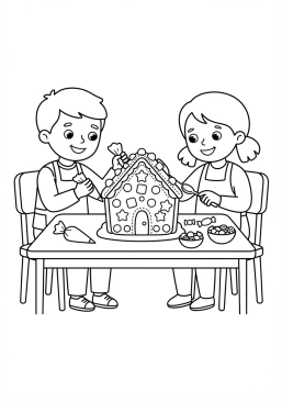 Voir le coloriage Enfants décorant une maison en pain d'épices avec des bonbons colorés et du glaçage