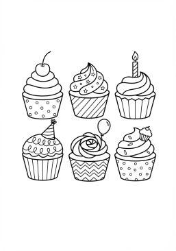 Voir le coloriage Collection de cupcakes décorés de manière festive pour un anniversaire d'enfant