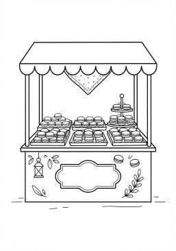 Voir le coloriage Étal de marché coloré et parfumé présentant une variété de macarons français délicats
