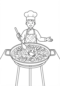 Voir le coloriage Cuisinier préparant une paella géante et colorée avec du riz et des fruits de mer