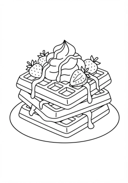 Voir le coloriage Gaufres belges croustillantes garnies de chantilly, de fraises et de chocolat