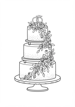 Voir le coloriage Gâteau de mariage blanc élégant décoré de fleurs fraîches en cascade