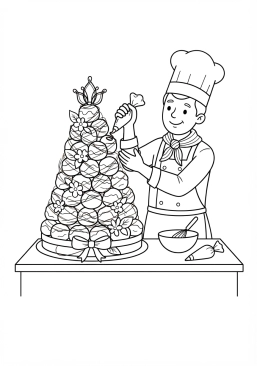 Voir le coloriage Pâtissier français ajoutant la touche finale à une pièce montée spectaculaire en choux