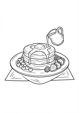 Voir le coloriage Petit-déjeuner copieux avec des crêpes moelleuses, du sirop d'érable et des fruits frais